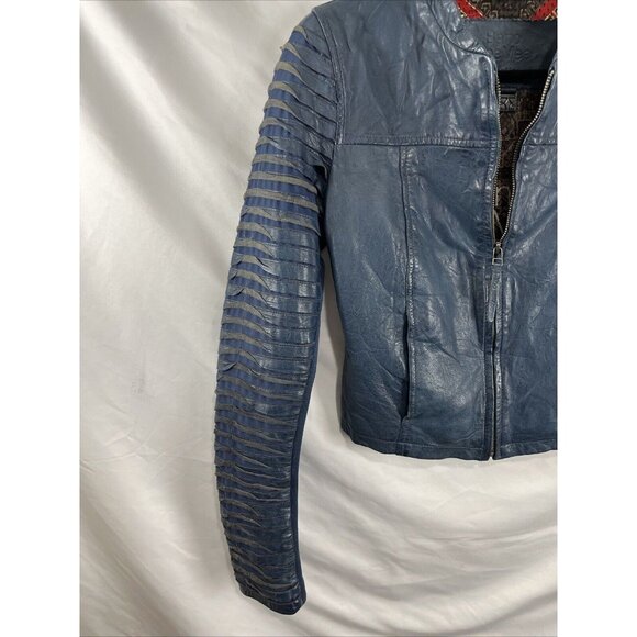 Bano eeMee Blue Leather Moto Jacket Womens Size XS/S - Picture 2 of 16